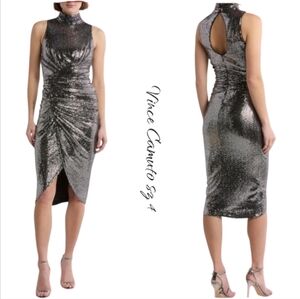NWT Vince Camuto Dress Midi  Silver Metallic Mock Neck Cocktail Woman sz 4